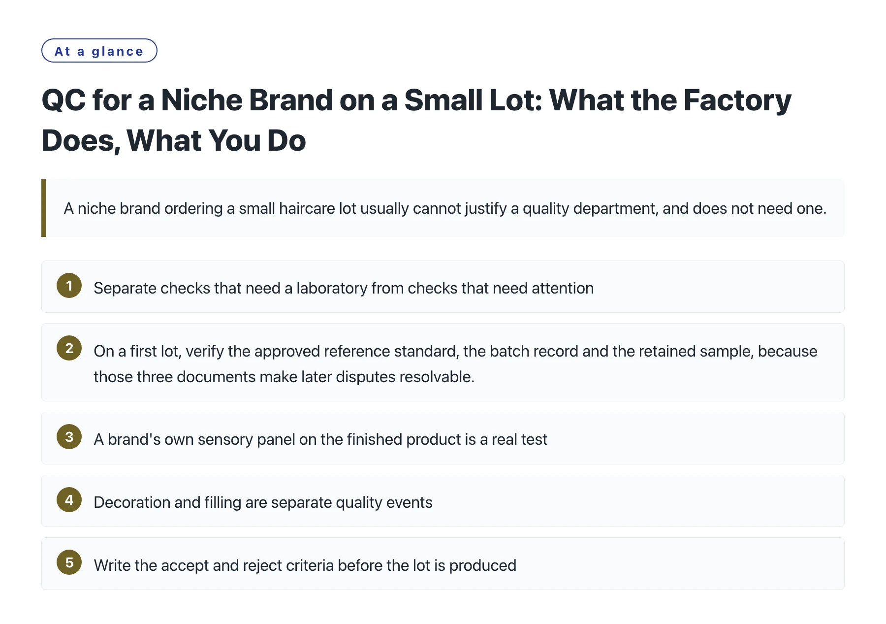 QC for a Niche Brand on a Small Lot: What the Factory Does, What You Do——全文要点速览